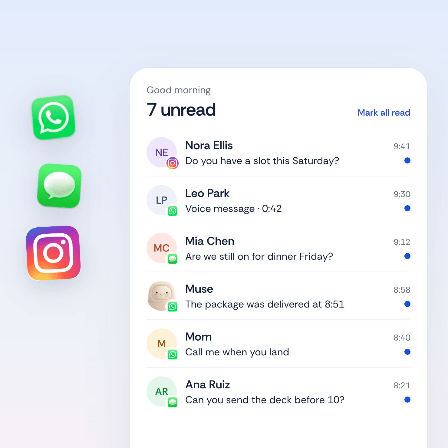 Hullo inbox showing 7 unread messages from Instagram, WhatsApp and iMessage contacts and the Muse agent