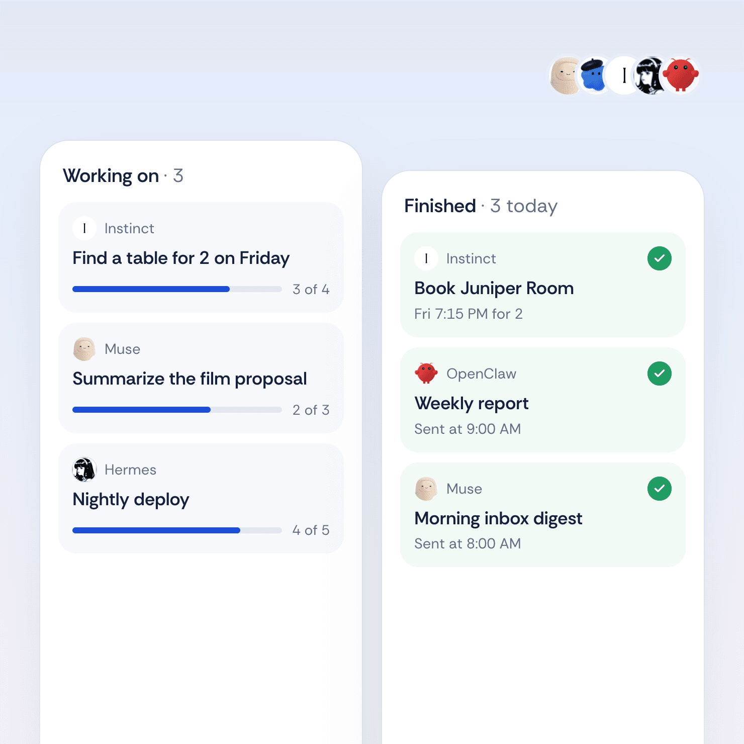 Board of agent tasks in progress and finished today, from Instinct, Muse, Hermes and OpenClaw