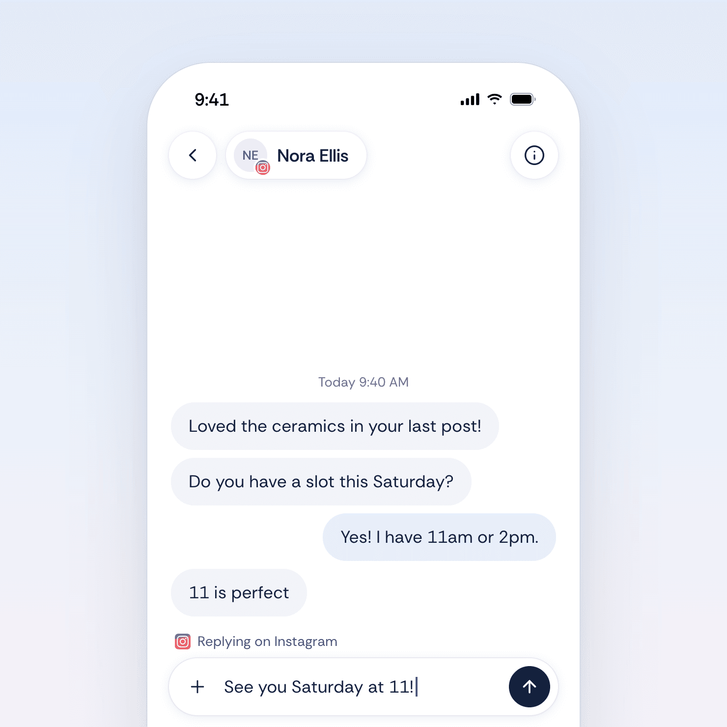 Phone conversation with Nora Ellis, replying on Instagram from Hullo