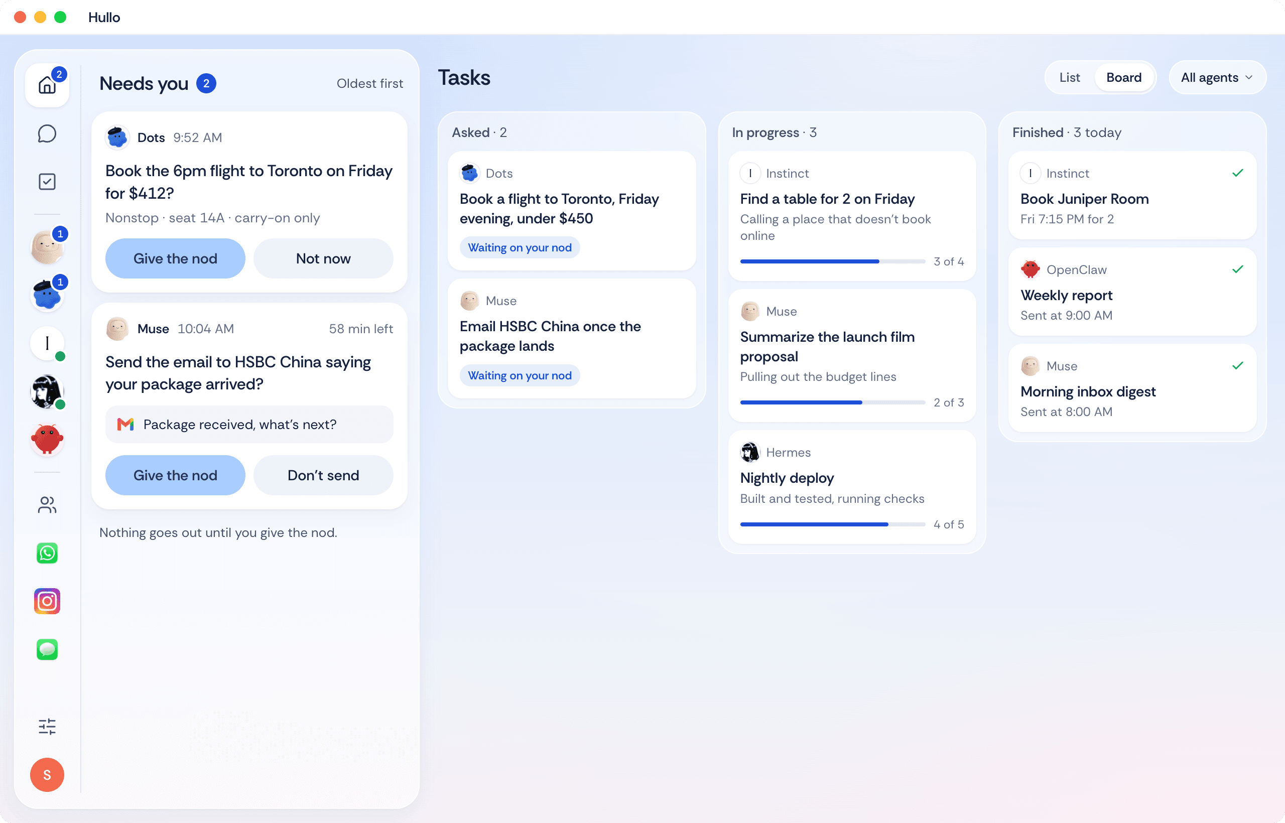 Hullo approvals queue next to a tasks board showing what each agent was asked, is working on and finished